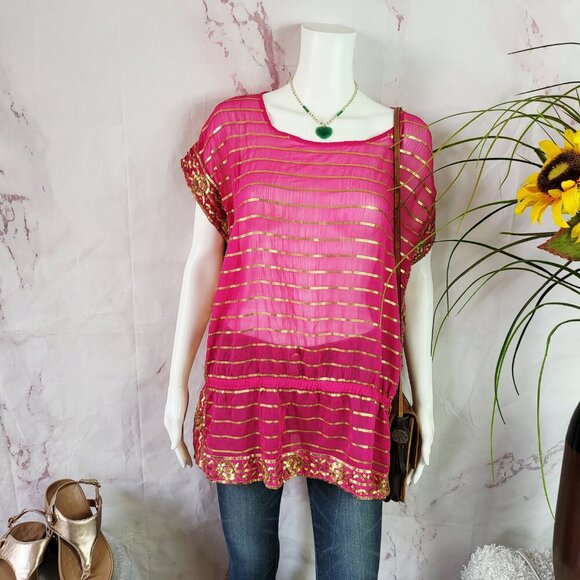 Chico's bight pink with gold sequins top - Picture 1 of 6